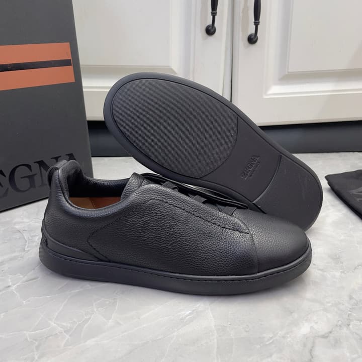 Zegna Triple Stitch Low-Top Sneakers in Navy Blue