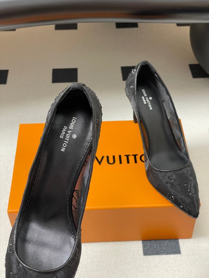 Louis Vuitton Gala Mesh Rhinestone High Heels – 25SS in Beige Monogram Lace