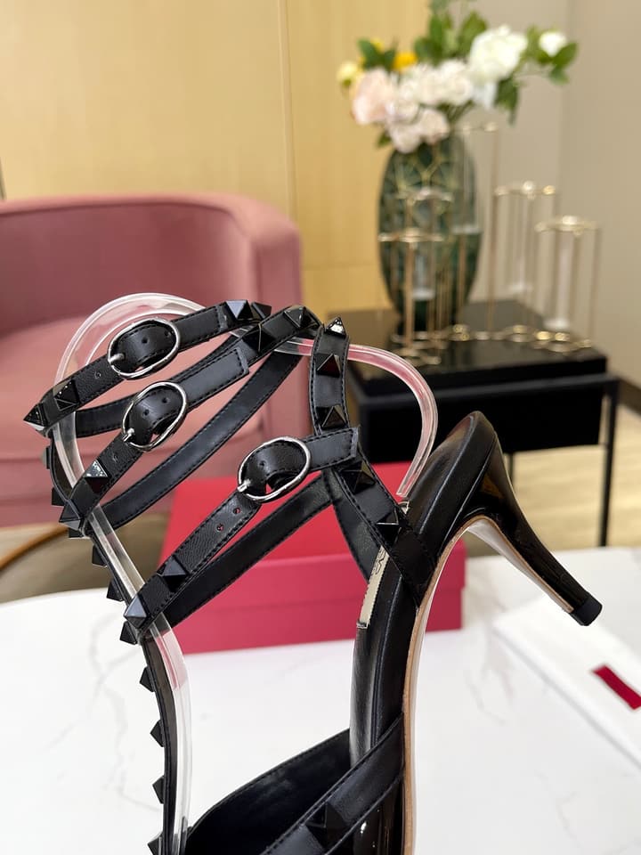 Valentino Rivet Heeled Sandals – Spring/Summer Collection in Shiny Black Multi-strap Stiletto 1