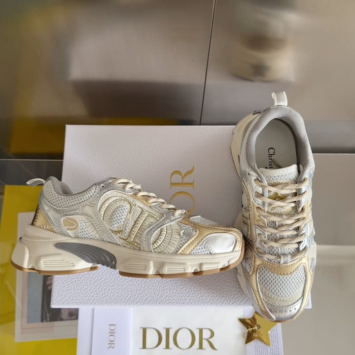 Dior Chrono Mesh and Leather Sneakers – 2024 Fall Collection in Brown And Gold