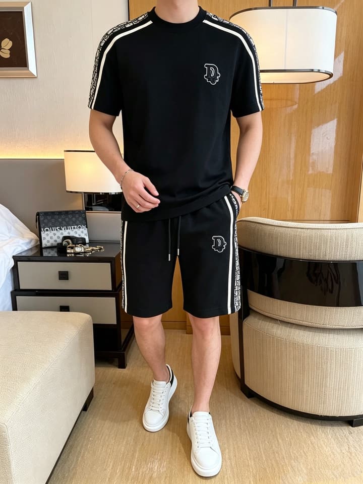 Dior Classic Air Layer T-Shirt and Shorts Set – 2026 Summer Collection in Black Crewneck Oblique Stripe
