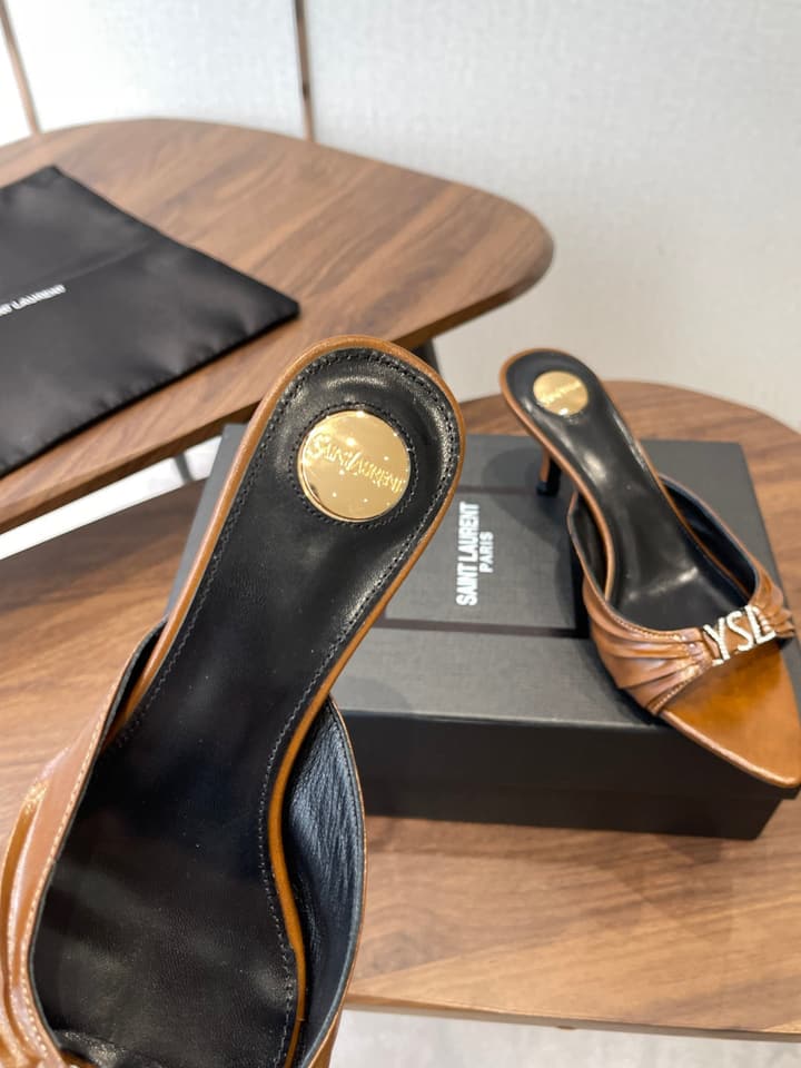 Saint Laurent Pointed Toe Stiletto Heeled Sandals – 26SS in Black - Gold Logo Plaque