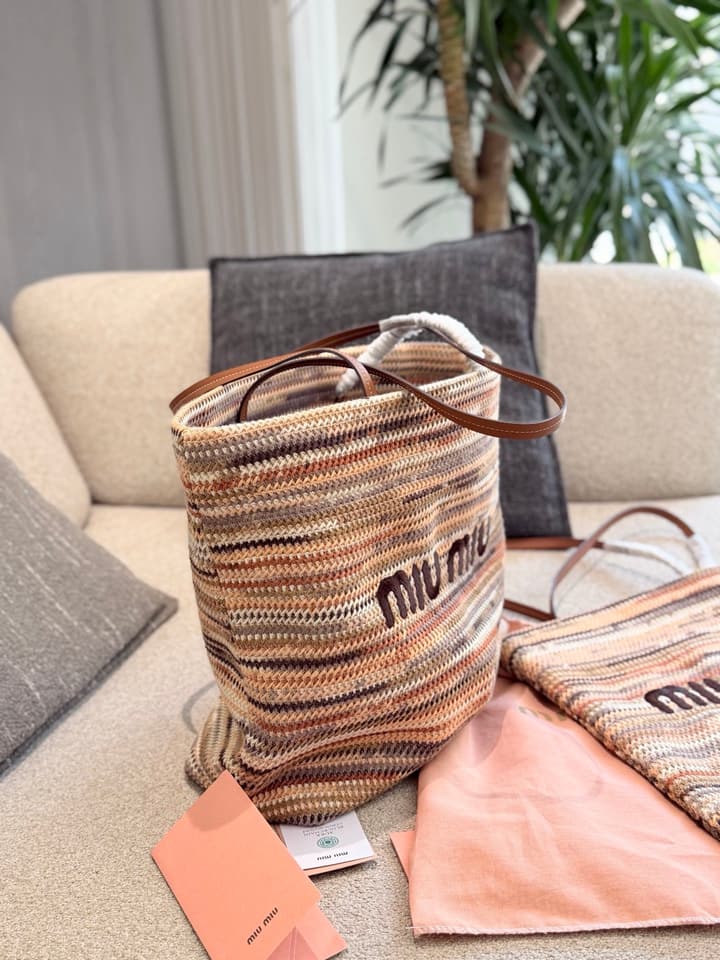 Miu Miu Knit Woven Tote Bag – Vacation Collection in Milk Tea Multi-Color Knit