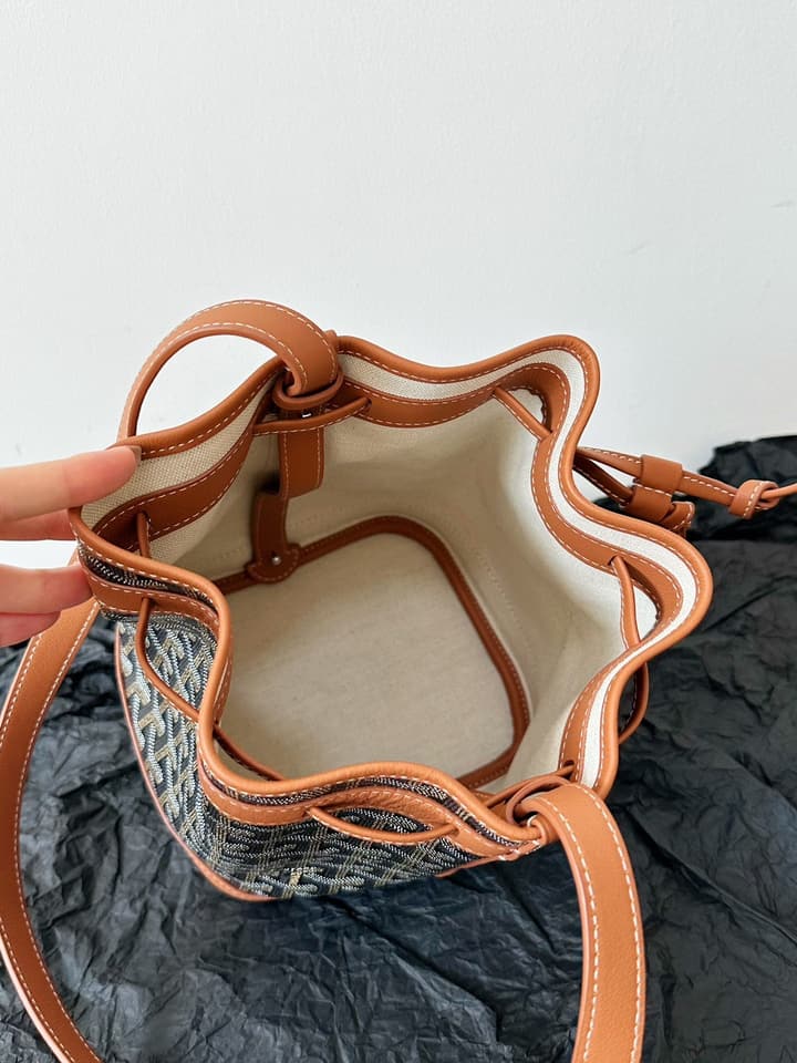 Goyard Petit Flot Bucket Bag in Black/grey Goyardine With Tan Trim