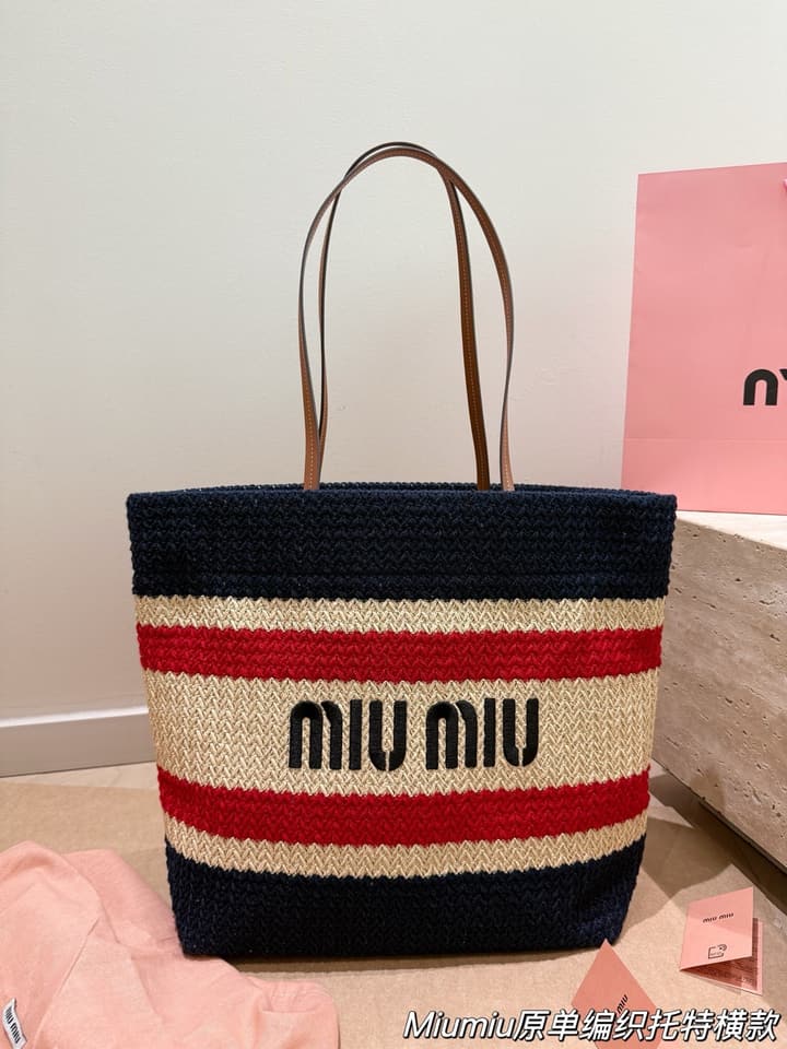 Miu Miu Striped Canvas Tote Bag Collection in Orange And Green Striped Horizontal Tote