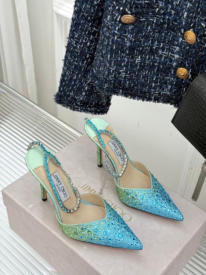 Jimmy Choo Classic Crystal Pointed High-Heeled Sandals in Lavender Yellow Ombre