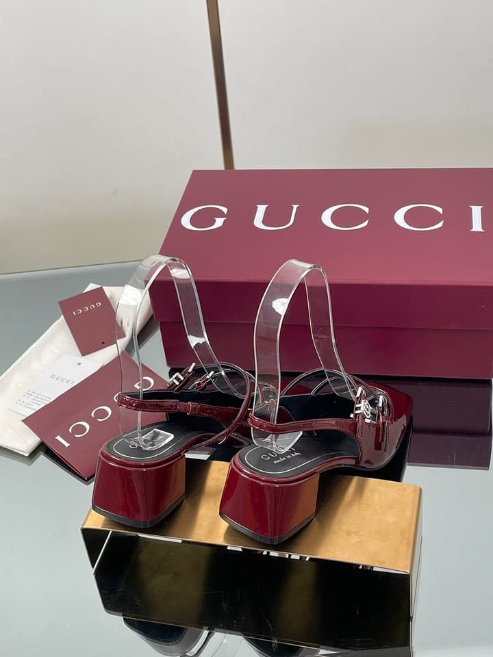 Gucci Crystal Double G Slingback Pumps – 2025 Fall Collection in Burgundy Red