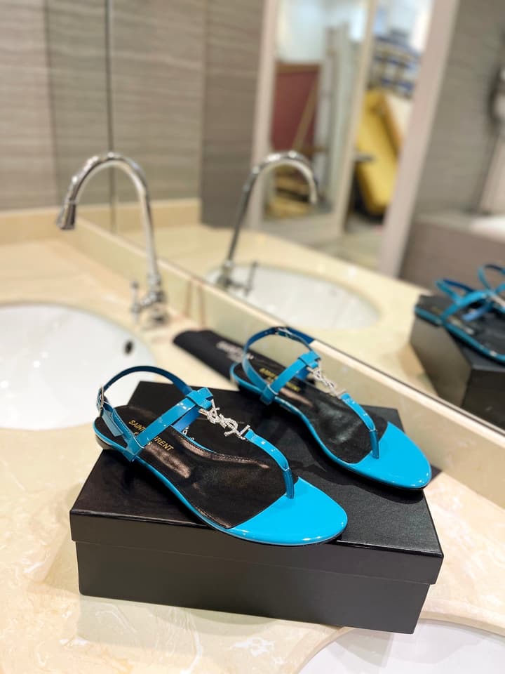 Saint Laurent Beautiful Siren Flat Sandals in Bright Blue