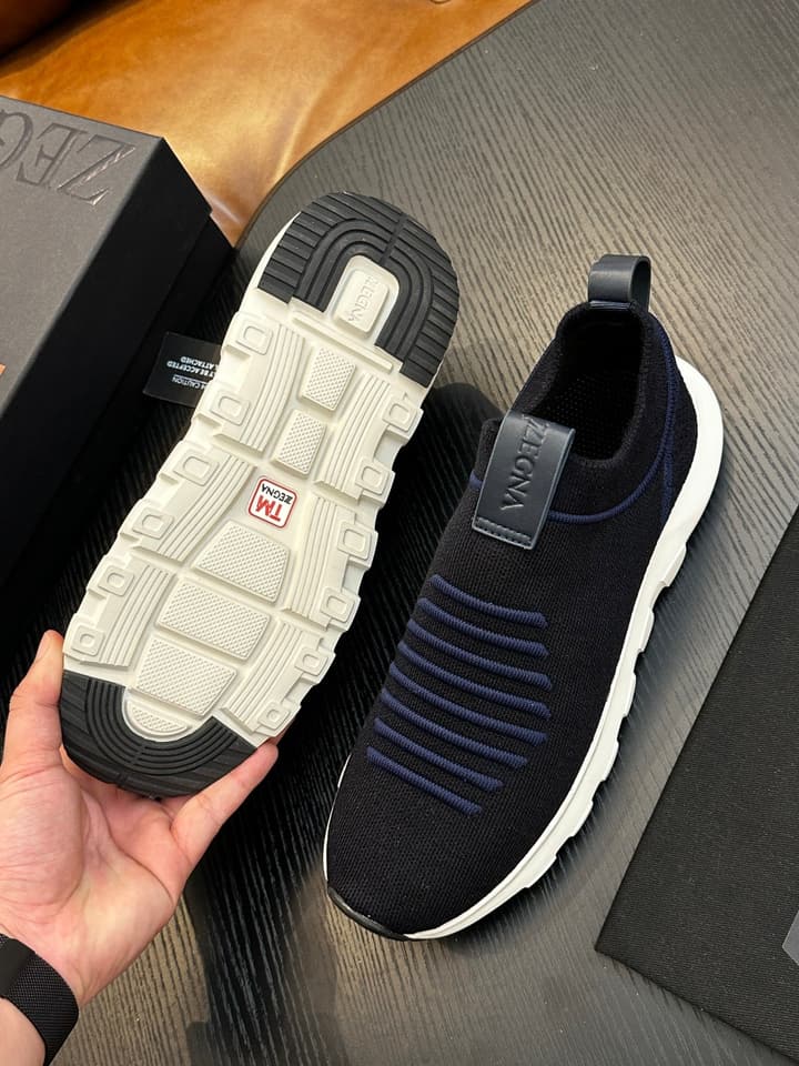 Zegna Techmerino Slip-On Sneakers in Dark Navy With Green Accent