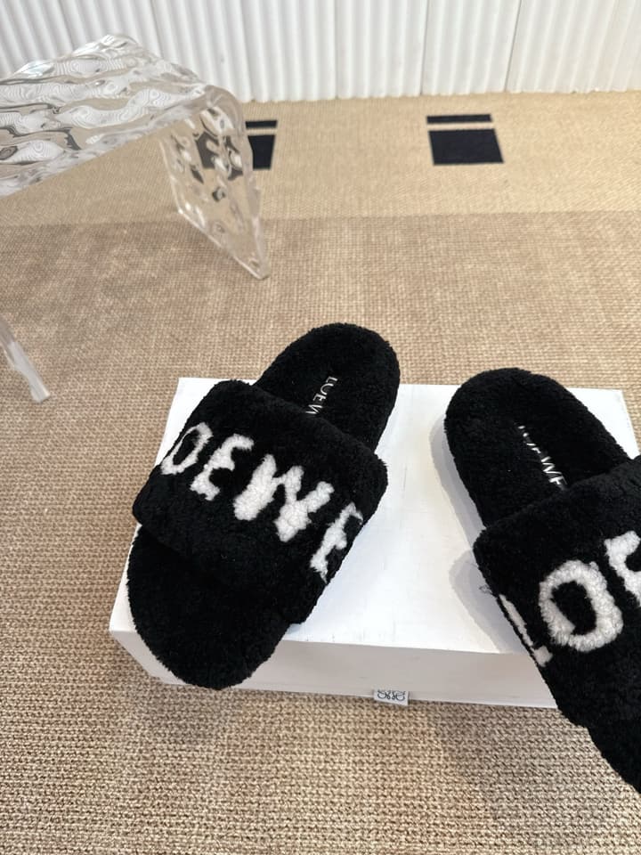 Loewe Classic Autumn/Winter Wool Slippers in Black With White Text