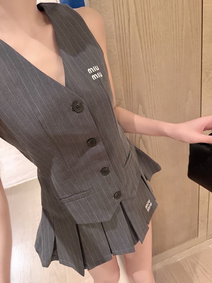 Miu Miu Embroidered Striped Vest & Pleated Skirt Set in Grey