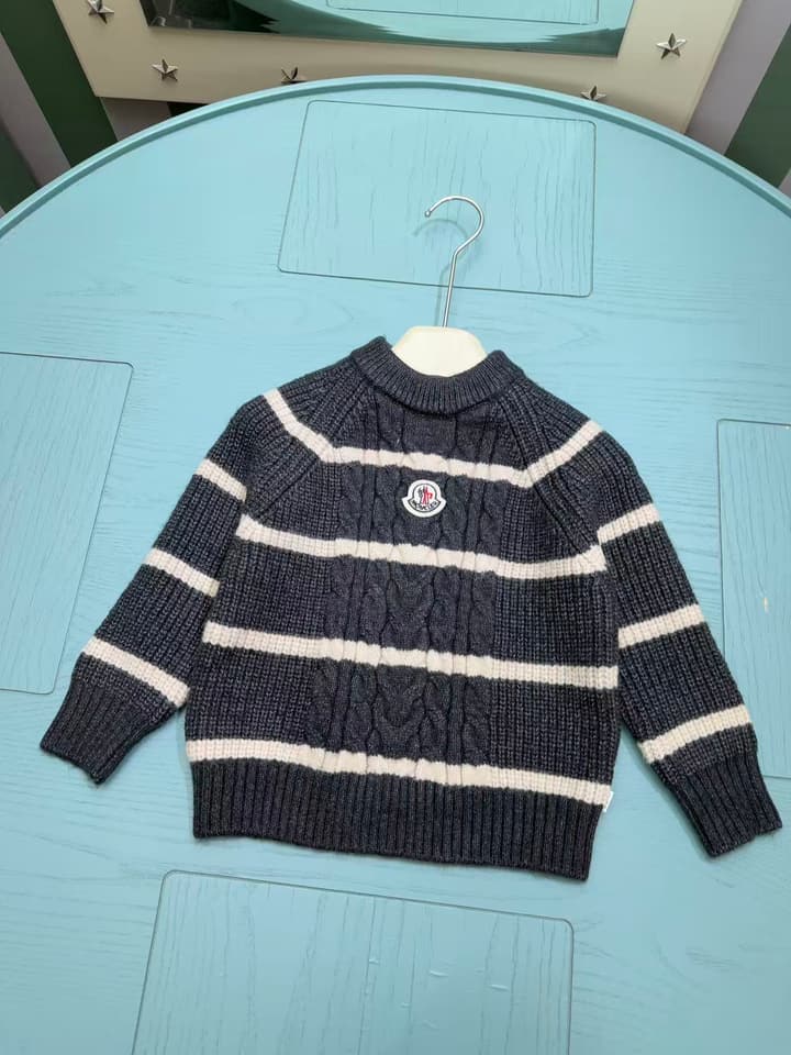 Moncler Classic Logo Kids Knit Sweater – 2025SS in Navy Blue And Cream Stripe