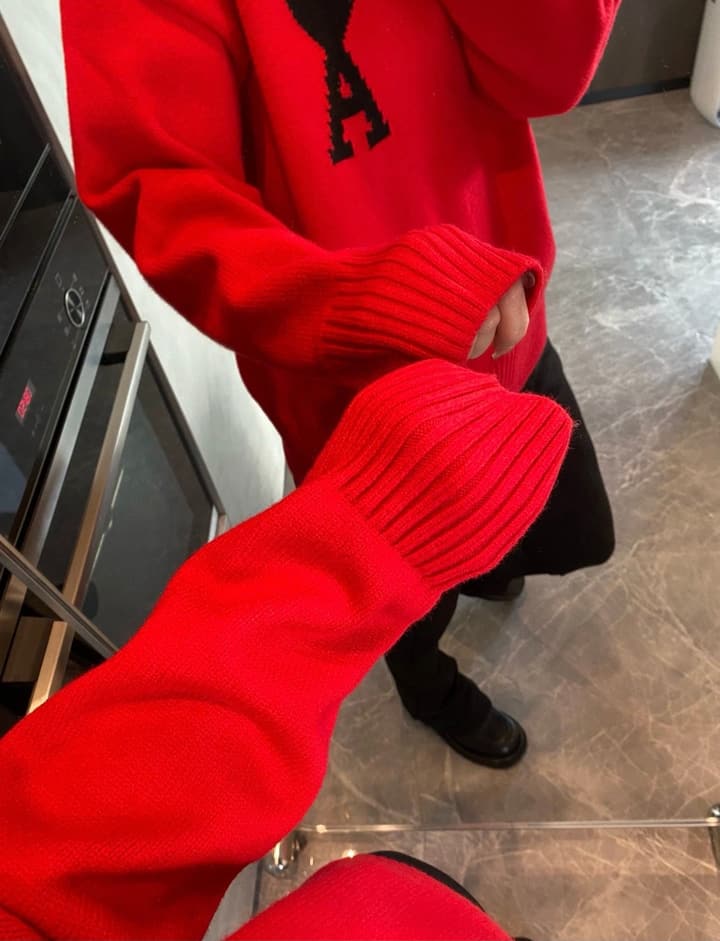 AMI Paris Heart Logo Knitted Sweater in Vibrant Red