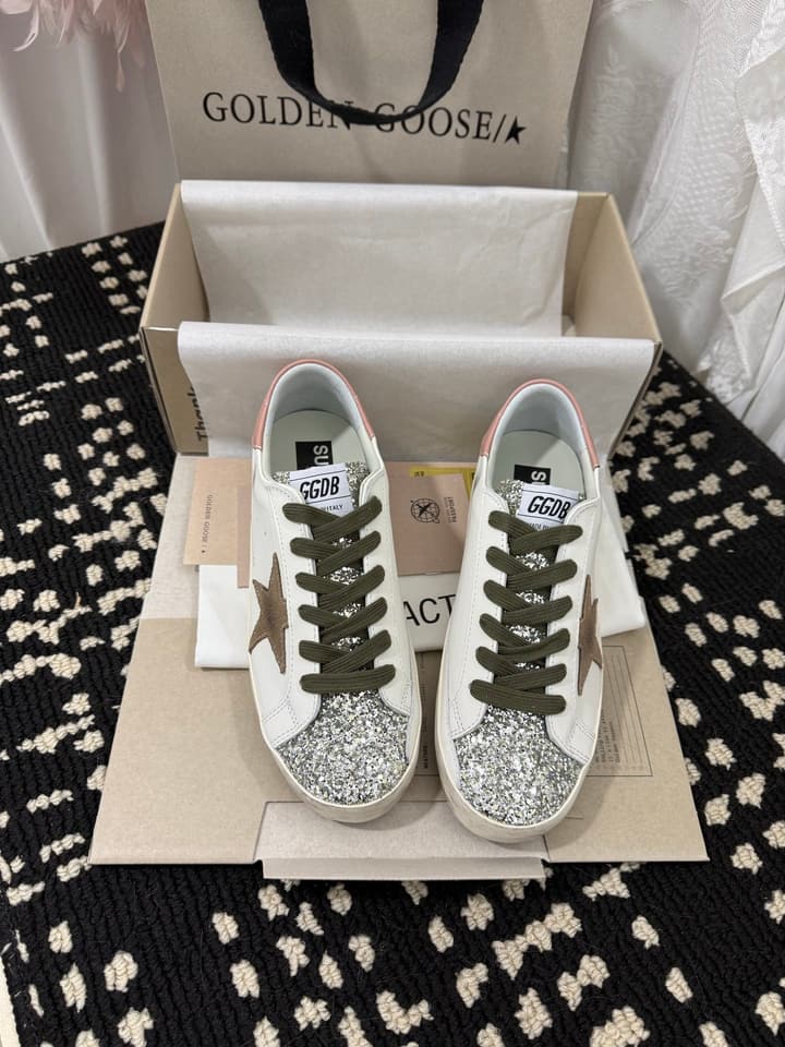 Golden Goose Super Star Rhinestone Leather Sneakers in Grey Suede Black Leather White Star