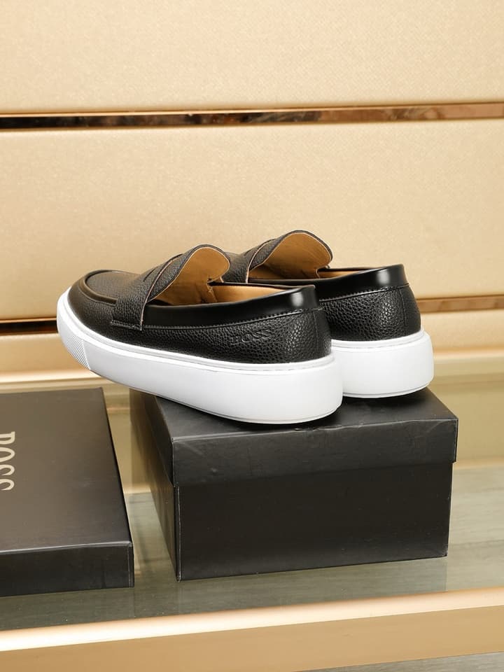 Boss Men's Luxury Leather Slip-On Loafers in Black Smooth Leather