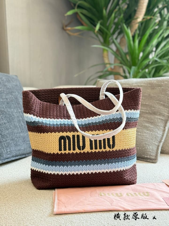Miu Miu Striped Crochet Tote Bag in Brown Striped Horizontal Crochet Tote