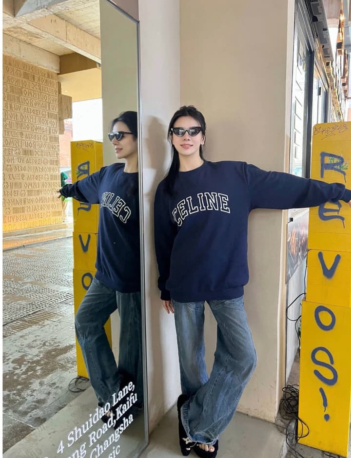 Celine Flocked Letter Pullover Sweatshirt – 2025FW in Navy Blue Folded