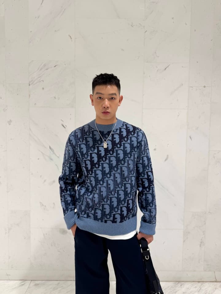 Dior Oblique Jacquard Wool Crewneck Sweater – 2026SS in Navy Oblique With Light Blue Trim