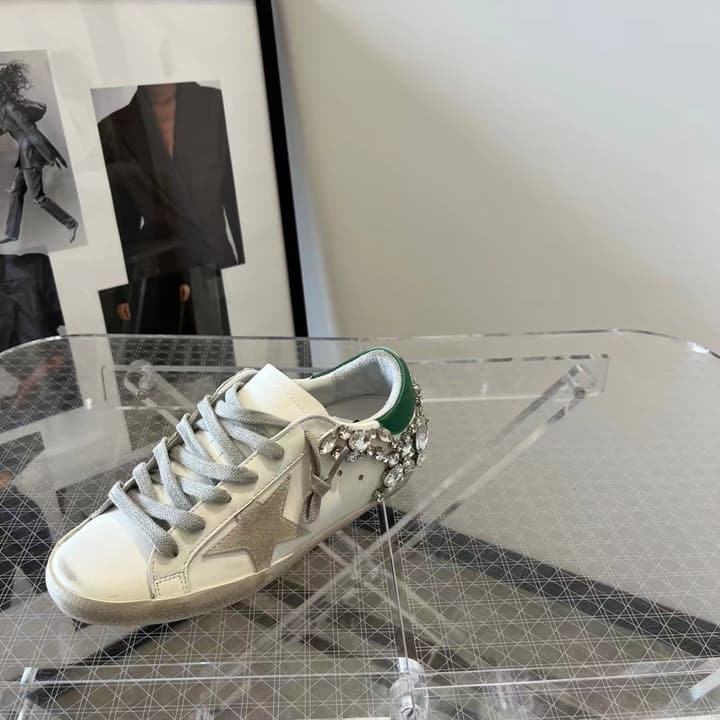 Golden Goose Superstar Diamond Tail Sneakers – 2023 Autumn/Winter in Distressed White With Royal Blue Rhinestone Heel