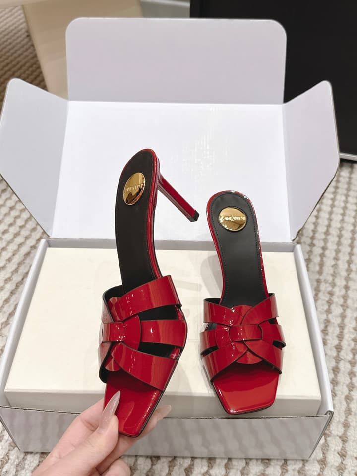 Saint Laurent Melody Square-Toe Heeled Sandals – 2026 Spring/Summer Collection in Beige Patent
