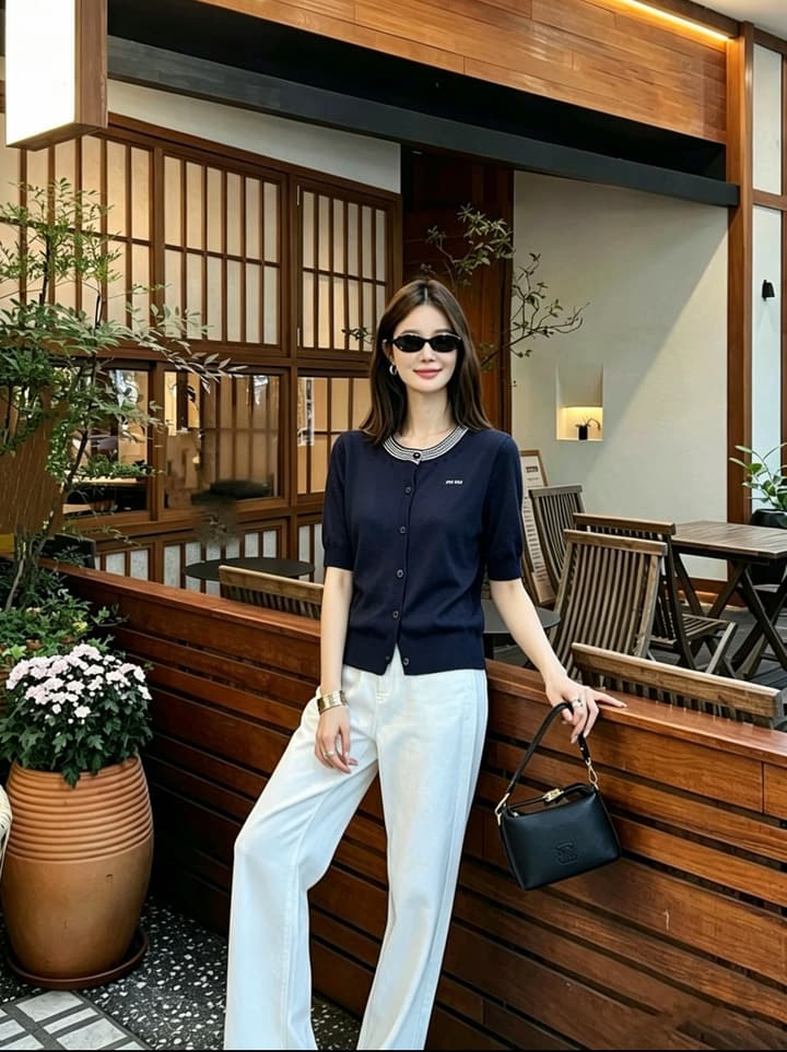Miu Miu Letter Jacquard Knit Short-Sleeve Cardigan in Navy Blue