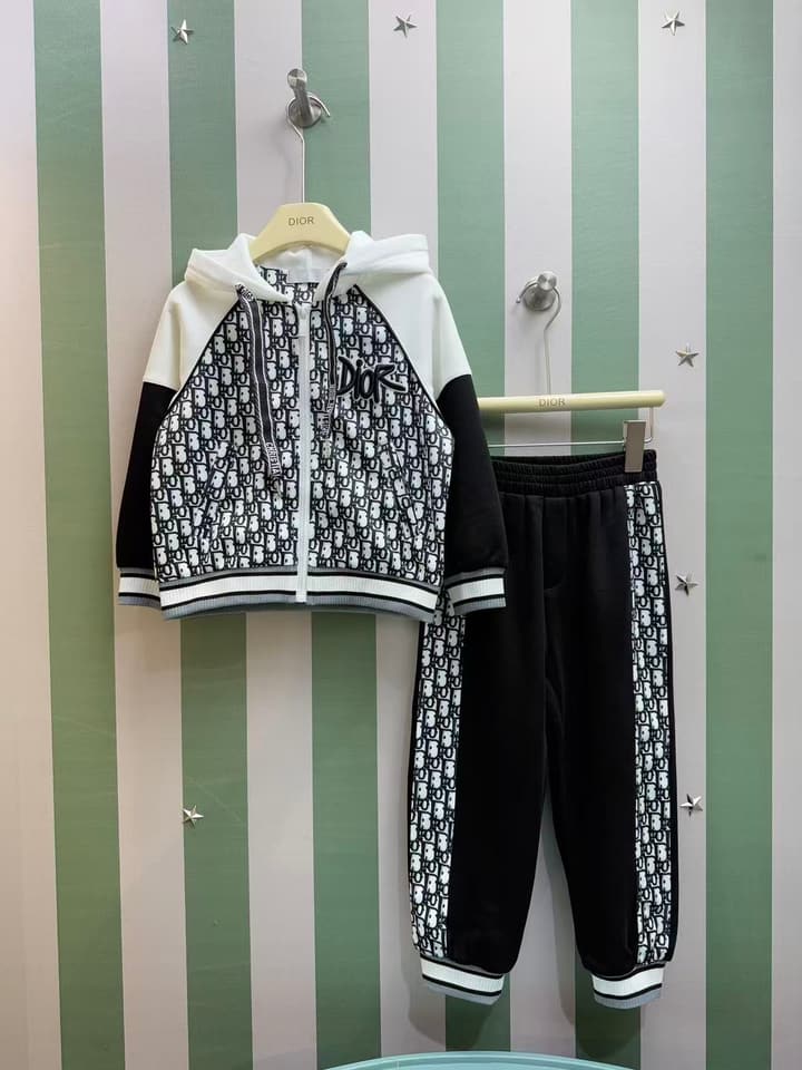 Dior High-End Children's Hooded Tracksuit Set – Kids Collection – 2025AW in Black And White Monogram