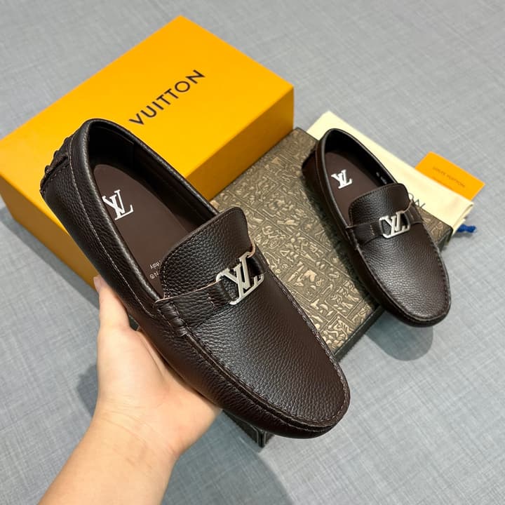 Louis Vuitton Men's Grained Leather Driving Shoes in Dark Gunmetal Hardware