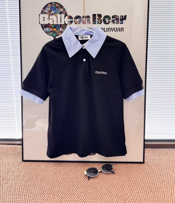 Miu Miu Preppy Embroidered Striped Polo Shirt in Black