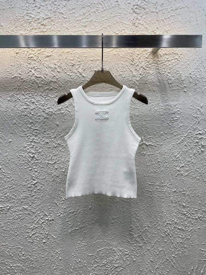 Celine Triomphe Embroidered Crewneck Knit Tank Top in Black