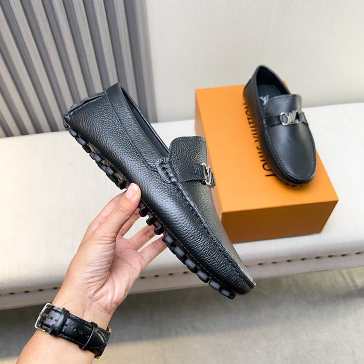 Louis Vuitton Pebbled Leather Driving Shoes in Black Smooth Leather