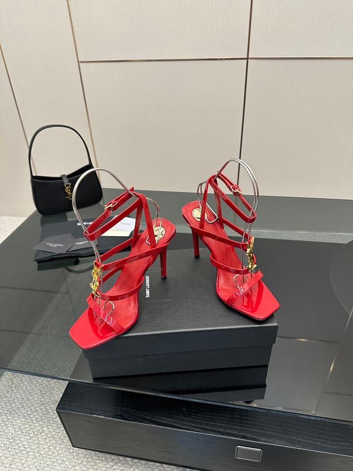 Saint Laurent Patent Leather Heeled Sandals in Bright Amber