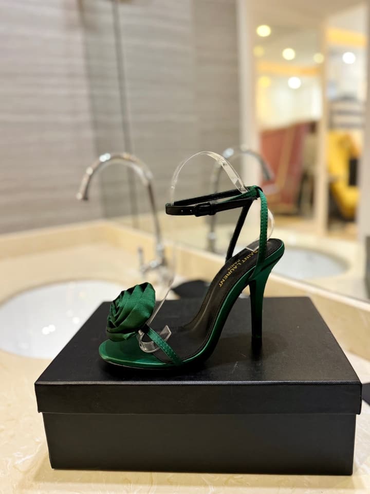 Saint Laurent YSL Flower Buckle Heeled Sandals in Black