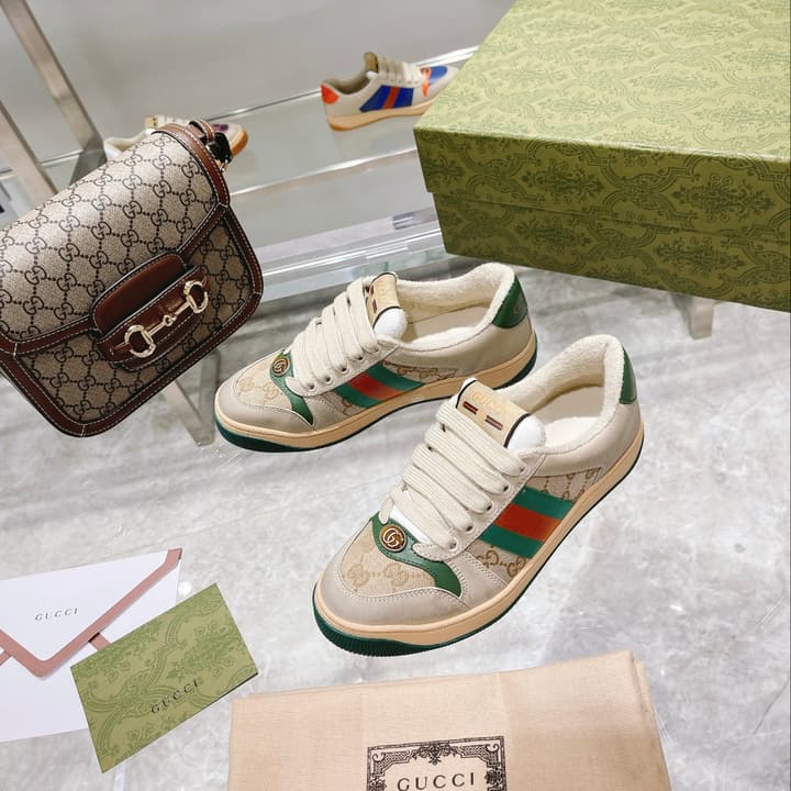 Gucci First Generation Distressed Leather Sneakers in Beige Distressed With Web Stripe