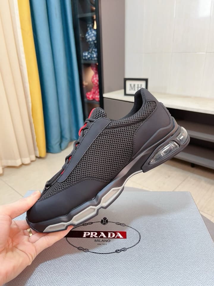 Prada Men's Air Cushion Sneakers in Cream And Black Panel