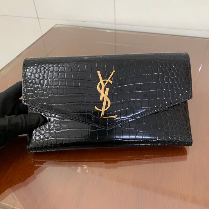 Saint Laurent Uptown Crocodile Embossed Long Wallet in Black Crocodile Embossed