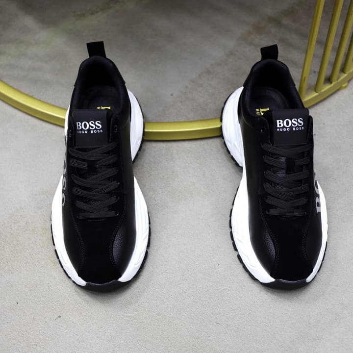 Boss Men's Luxury Running Sneakers in Black Mesh With White Sole