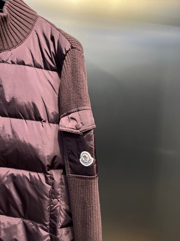Moncler Knitted Patchwork Stand-Collar Jacket in Dark Brown