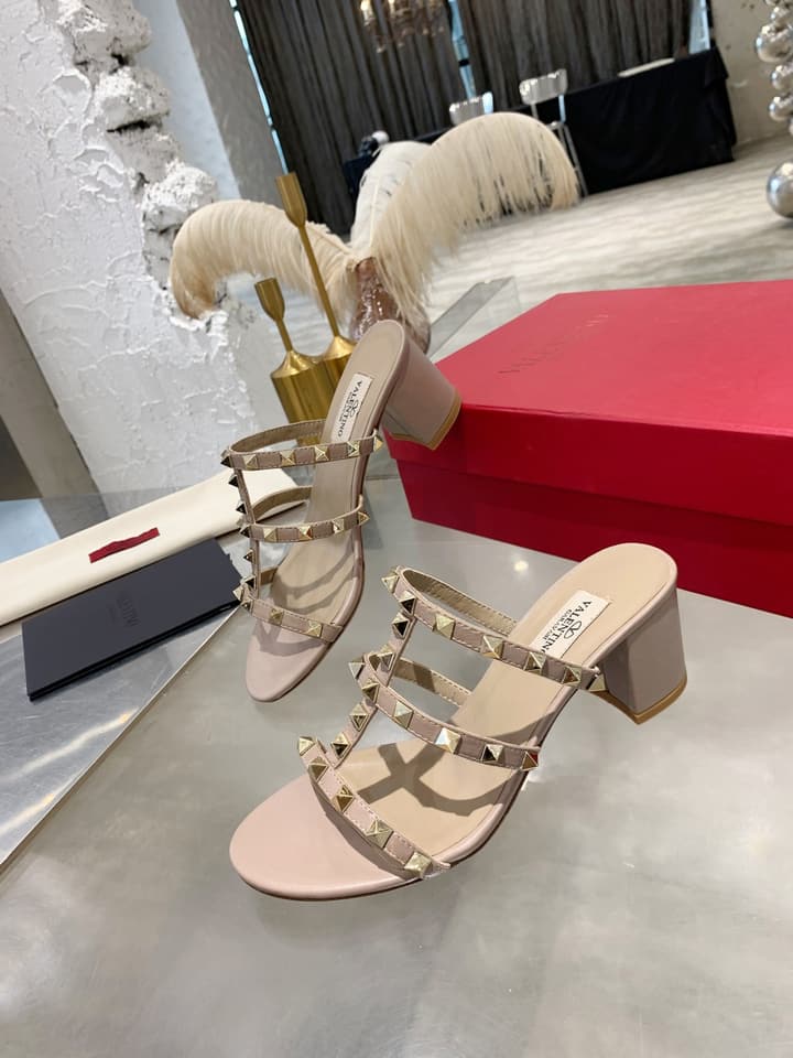 Valentino Rockstud Classic Block Heel Sandals in Nude With Gold Studs
