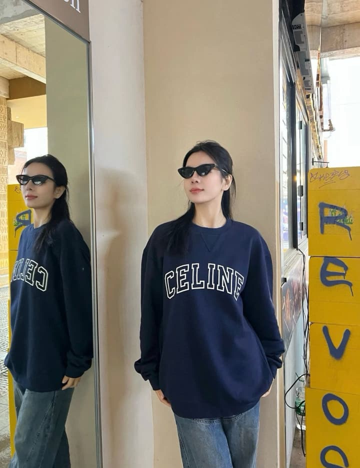 Celine Flocked Letter Pullover Sweatshirt – 2025FW in Navy Blue Folded