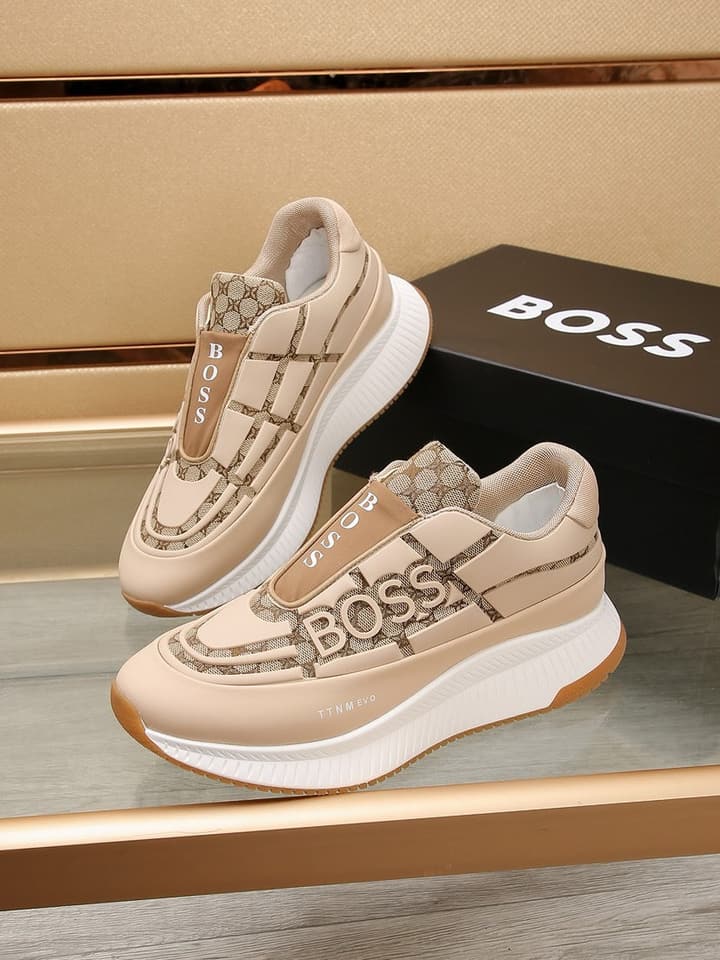 Boss New Men's Luxury Athletic Sneakers in Black With White Detail