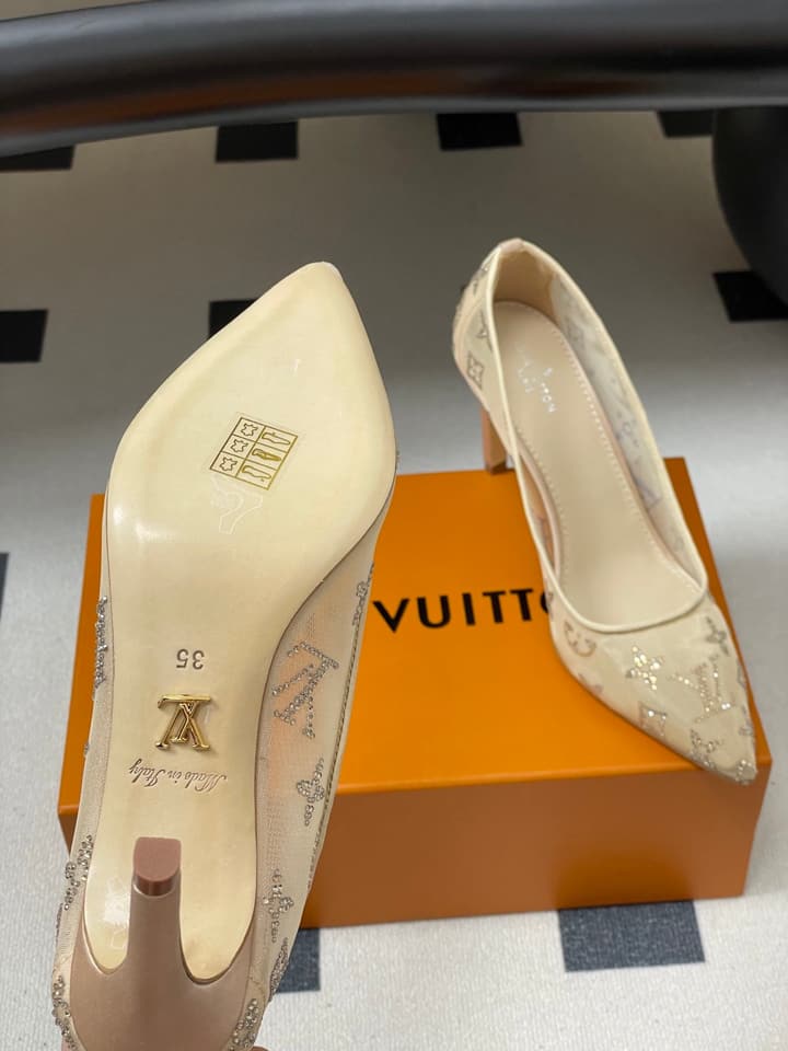Louis Vuitton Gala Mesh Rhinestone High Heels – 25SS in Beige Monogram Lace