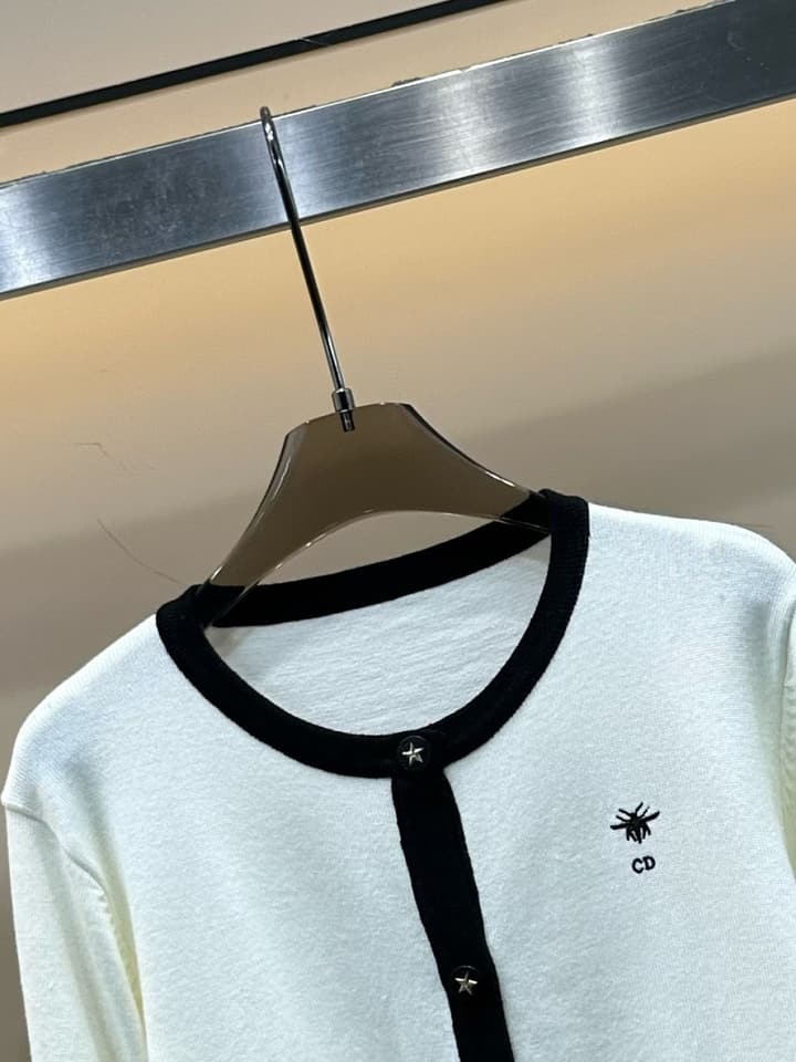 Dior CD Bee Embroidery Knit Cardigan in Black With White Trim