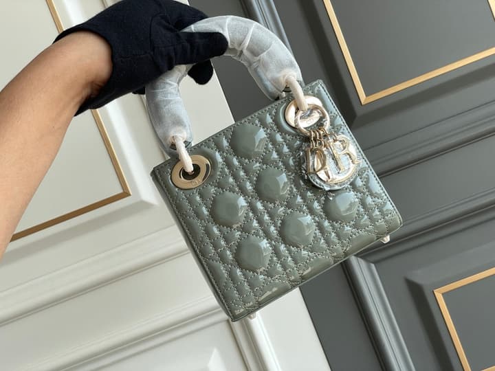 Dior Lady Dior Three-Grid Patent Leather Shoulder Bag in Black Patent With Silver Hardware