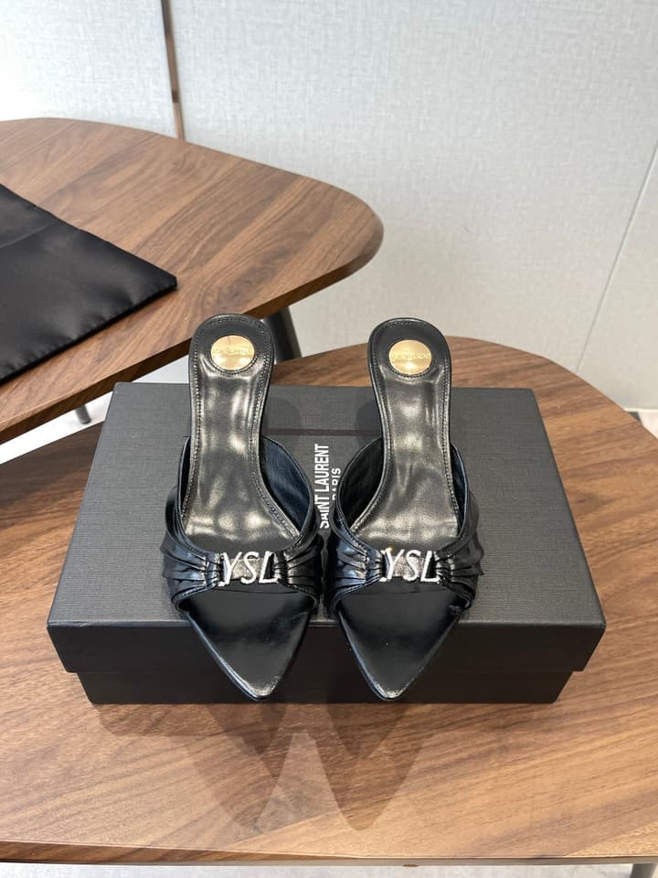 Saint Laurent Pointed Toe Stiletto Heeled Sandals – 26SS in Black - Gold Logo Plaque