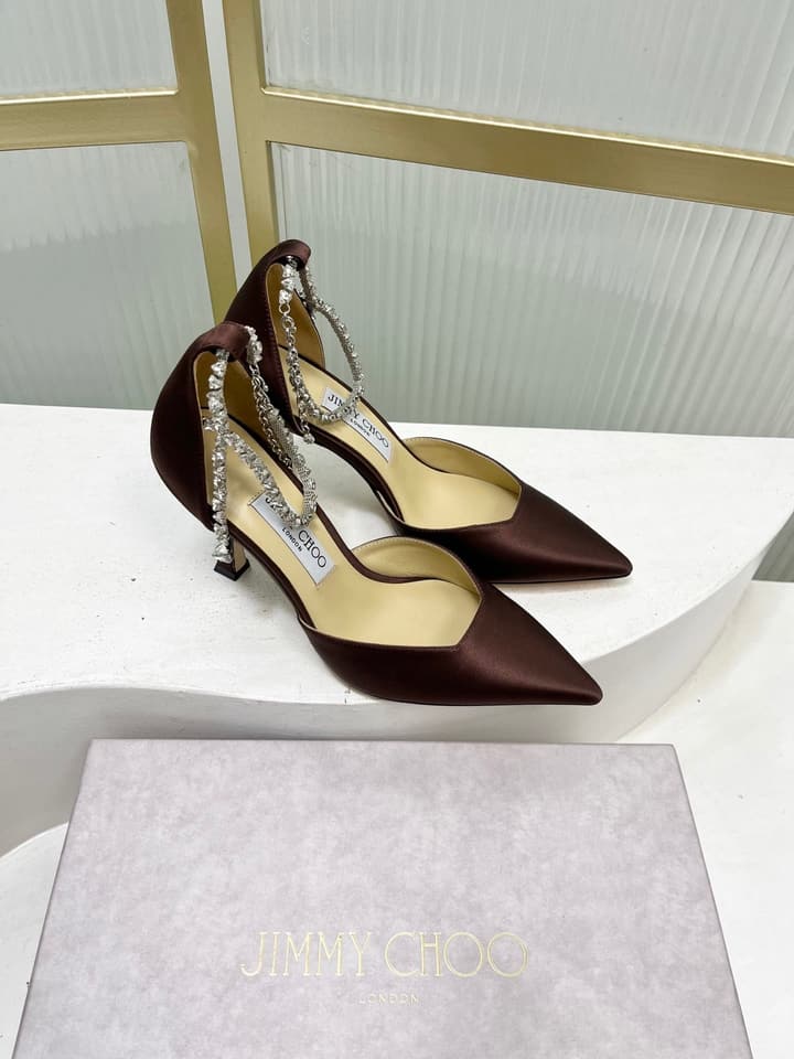 Jimmy Choo Stevie 100 Satin Bow Heels in Brown Satin