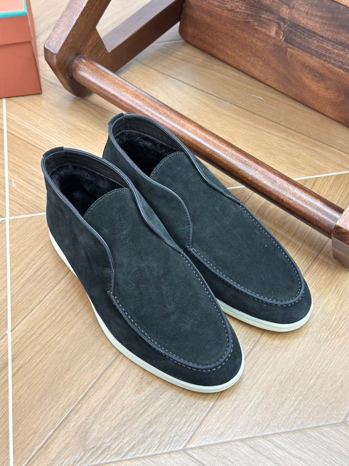 Loro Piana Men's Luxury Fur Boots in Navy Suede