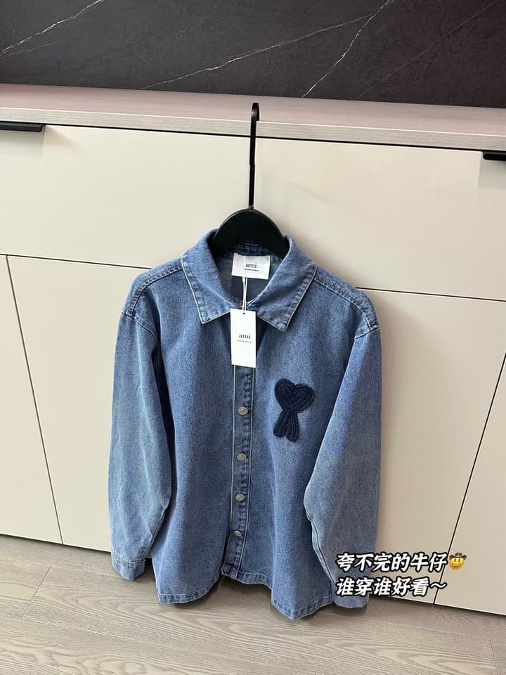 AMI Paris Heart Embroidery Distressed Denim Jacket in Distressed Blue Denim
