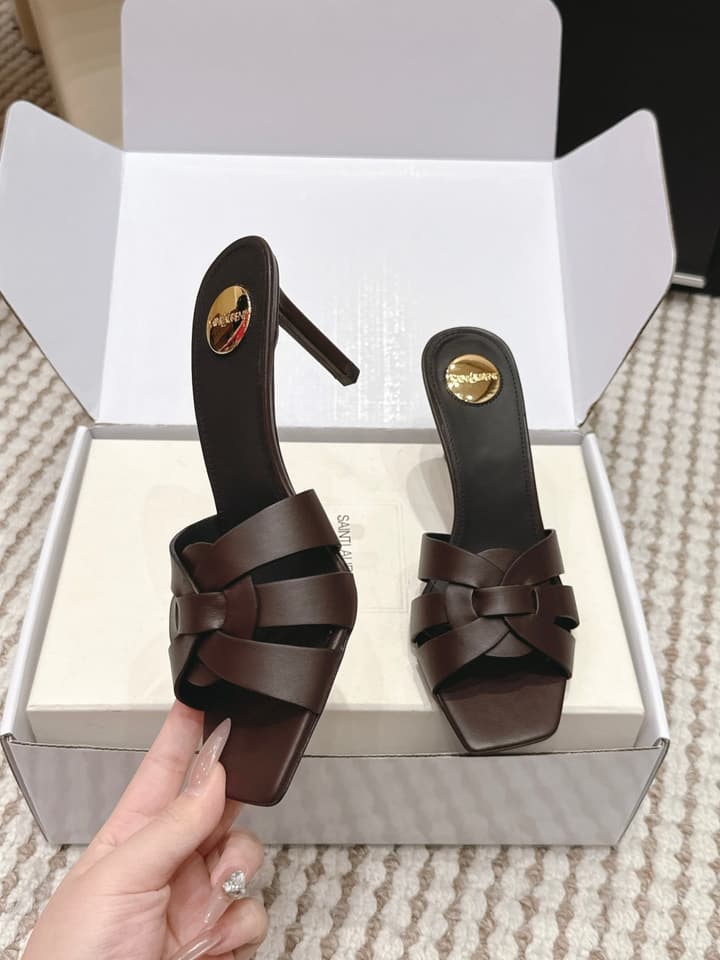 Saint Laurent Melody Square-Toe Heeled Sandals – 2026 Spring/Summer Collection in Beige Patent
