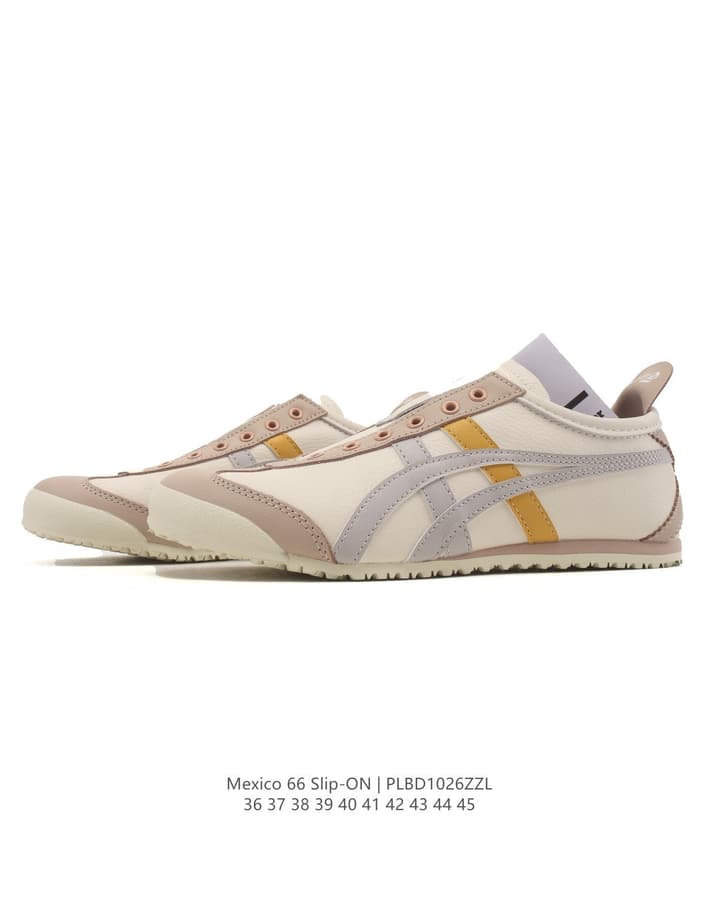 Onitsuka Tiger Mexico 66 Slip-On Canvas Sneakers in Cream Canvas With Gold Stripes