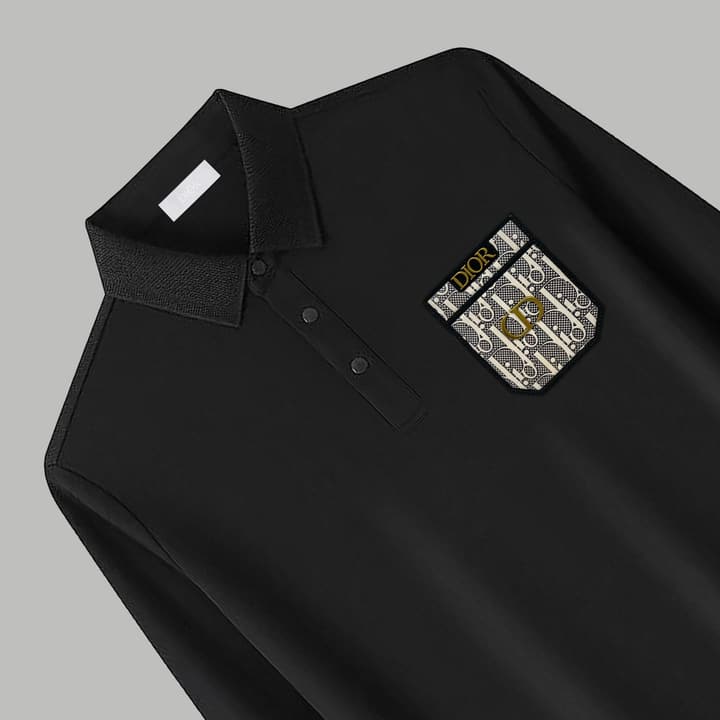Dior Silk Long Sleeve Polo Shirt with Metal Patch in White With Solid Pocket